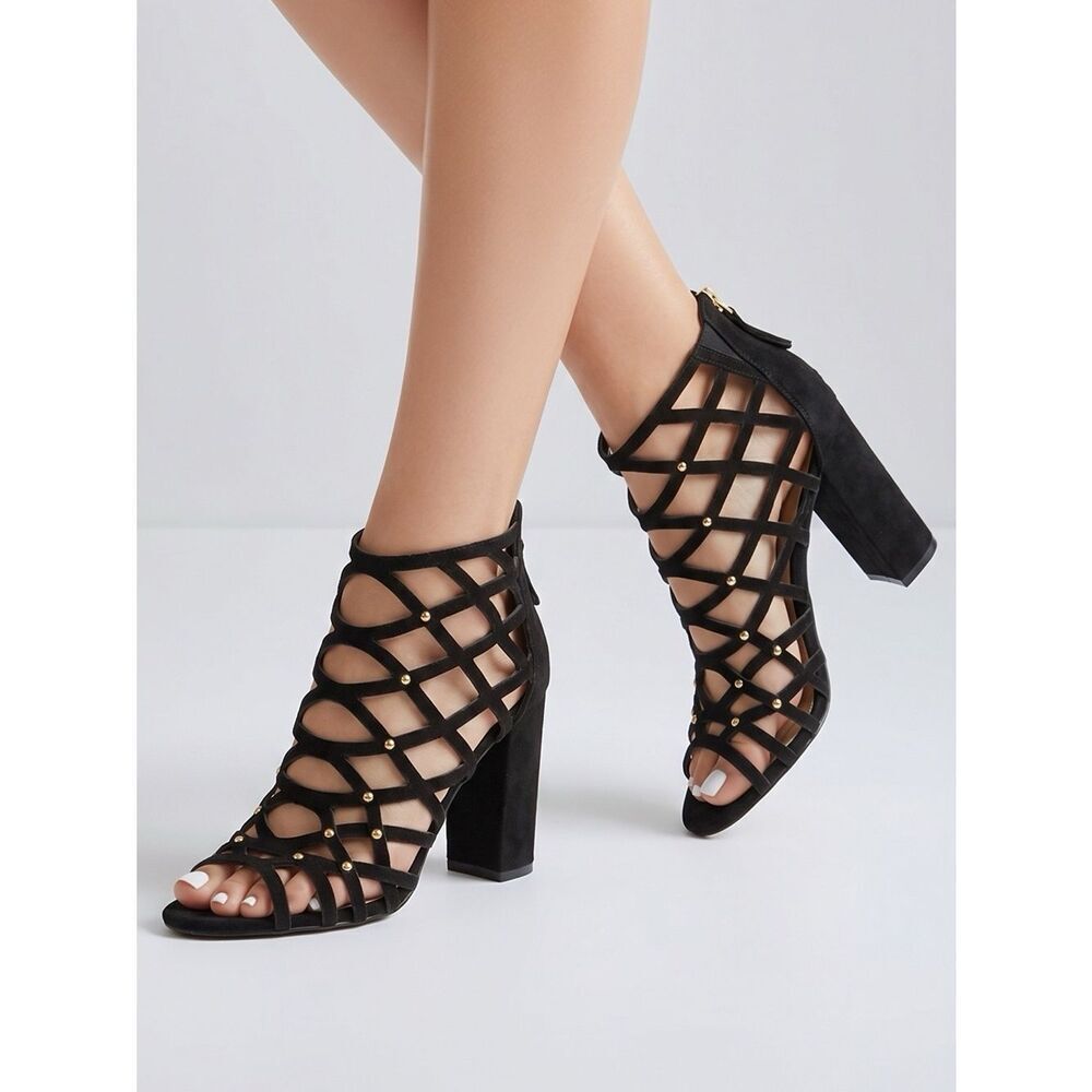 BLACK SUEDE STRAPPY BOOTIE WITH GOLD ACCENTS 8.5